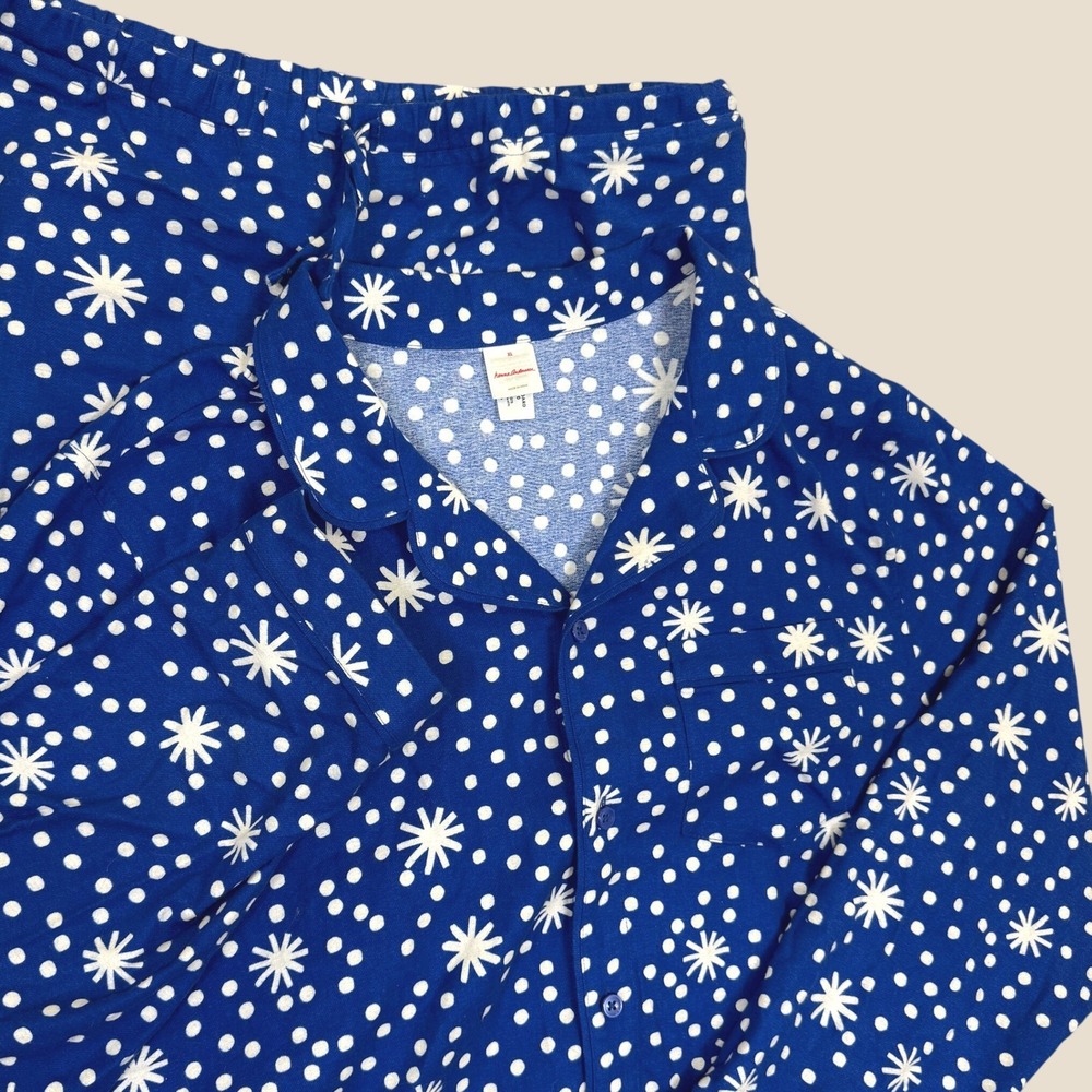 Hanna Andersson Pajama Set Men XL Blue Snowflake Polka Dot Shirt Pants Holiday